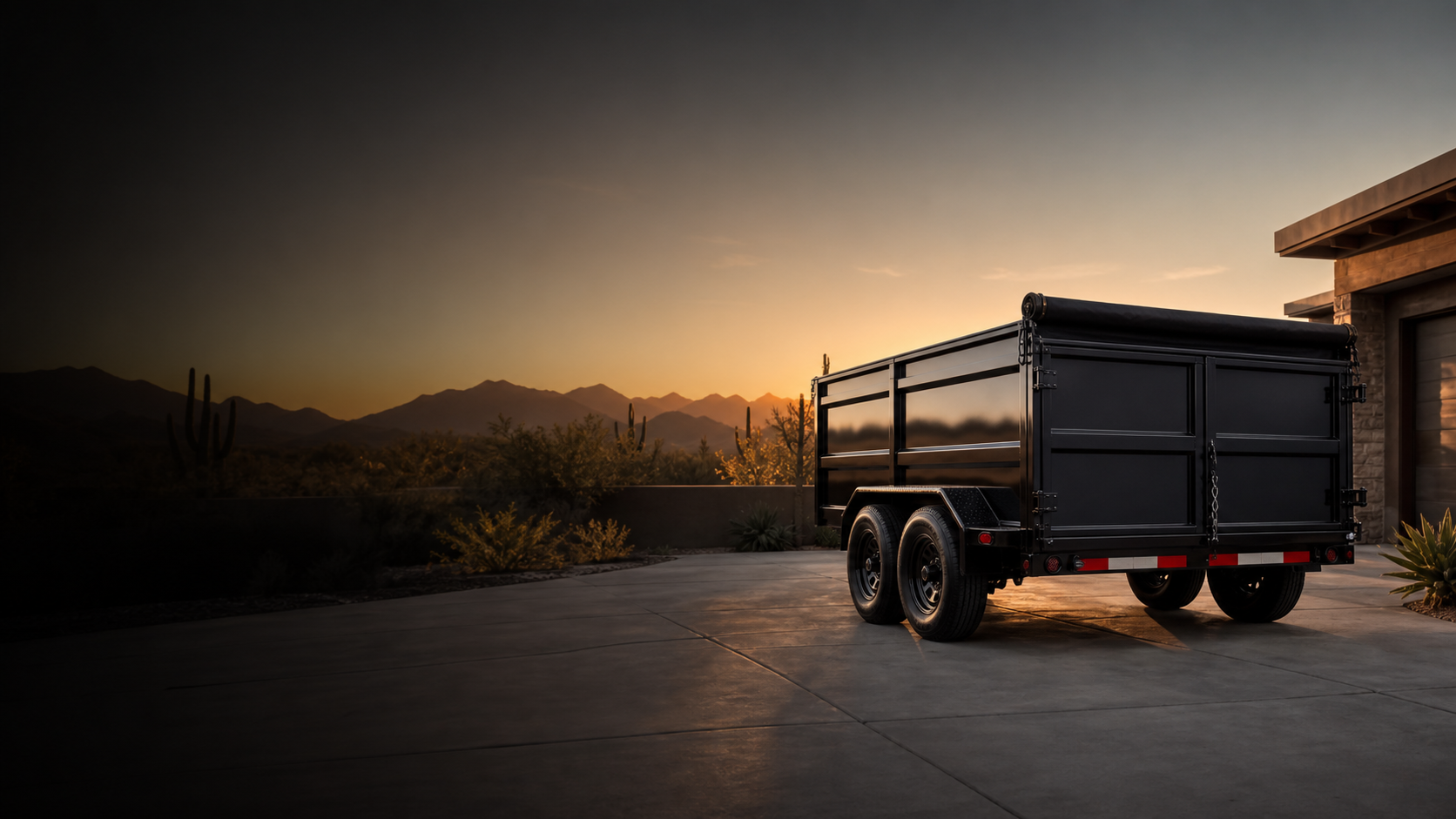 Black dump trailer on a desert driveway